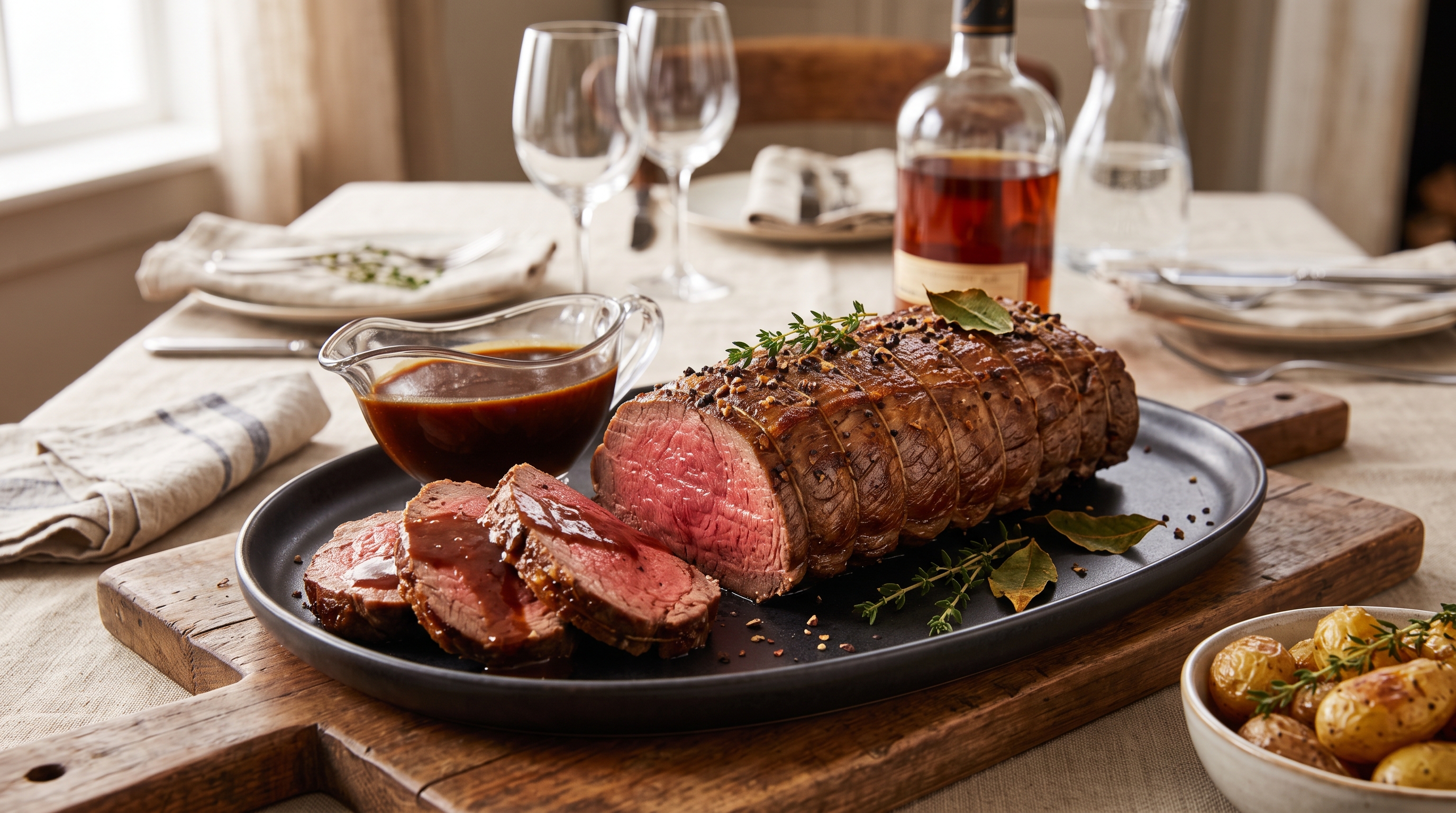 Filet de Bœuf rôti, sauce au Rhum Vieux et aux épices.