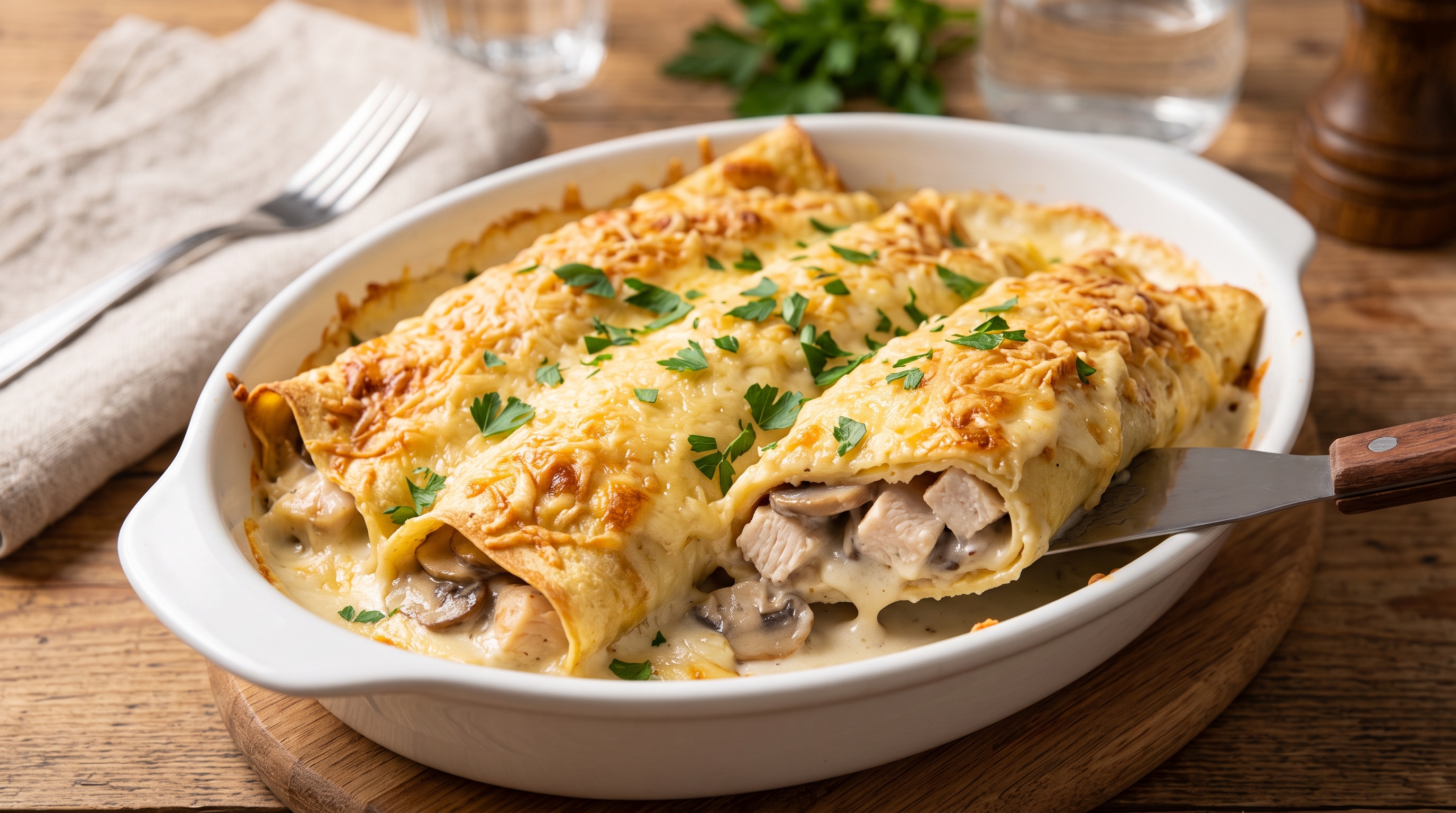 crêpes roulé poulet champignons béchamel